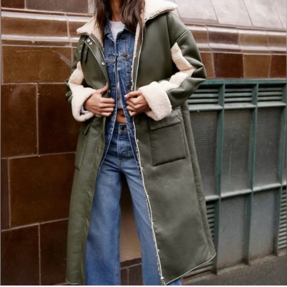 Nasty Gal Olive Utility Winter Coat with Shearling Lining - Size 8-10